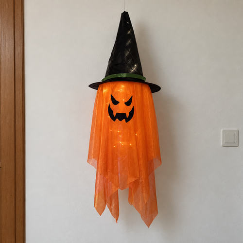 Orange hanging ghost with witch hat — AI-generated lifestyle scene.