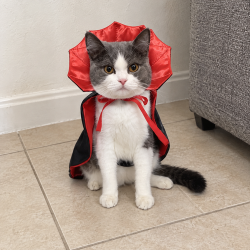 Cat wearing black and red vampire cape — AI-generated lifestyle scene.