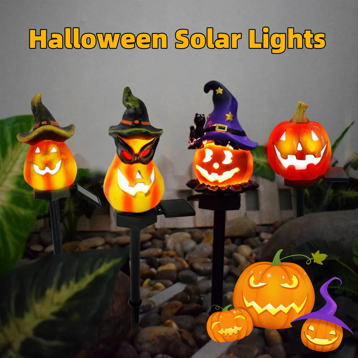 Four illuminated solar pumpkin stake designs; each light is sold individually.