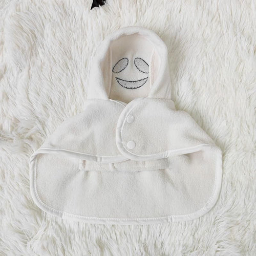 White Ghost cape opened to show its inside and snap closure.
