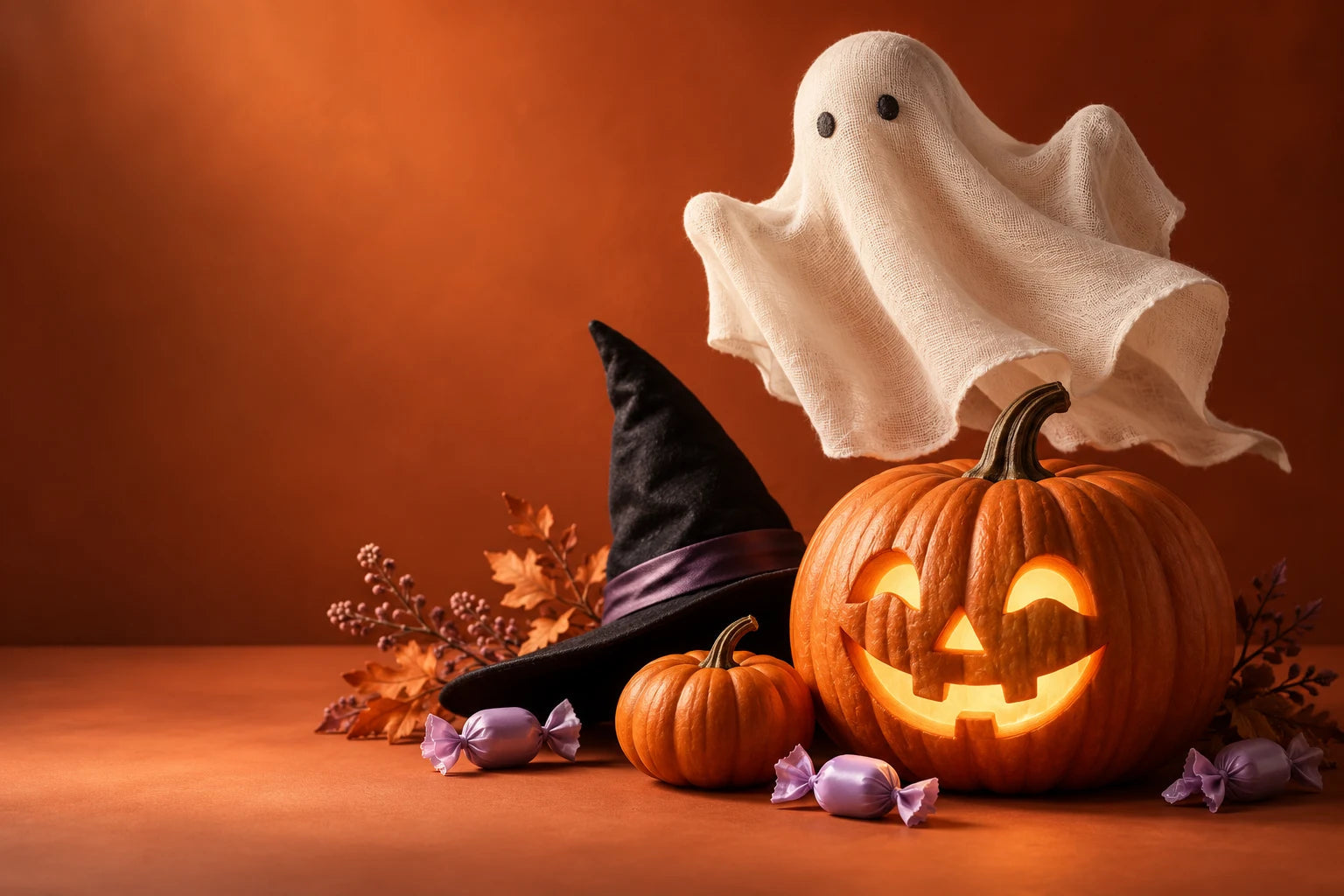 Illustrative Halloween scene with a friendly ghost, pumpkins, and a witch hat.